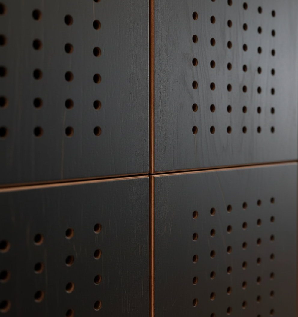 Garderobeskabe i krydsfiner med perforerede låger — 3D-render